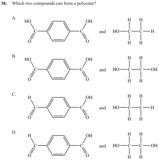 Which two compounds can form a polyester? Four pairs of structures A to D, each an aromatic compound with a diol or alcohol.